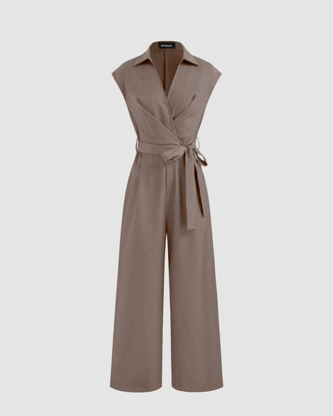Front view of Brown jumpsuit with a plain collar, pockets, and a belt, showcasing a simple yet stylish design