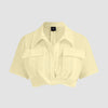 Pleated Button-Up Crop Top in French Vanilla Front View for Women | Littlebox India