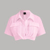 Pleated Button-Up Crop Top in Pink Front View for Women | Littlebox India