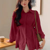Pleated Button Down Full Sleeve Shirt in Cherry Front View for Women | Littlebox India