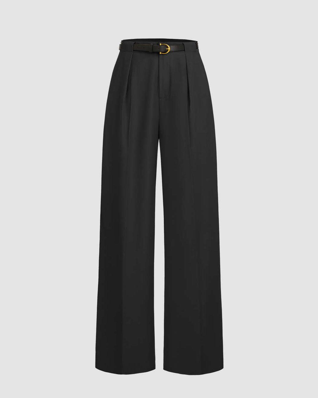 Pleated High Waisted Wide Leg Trousers in Black