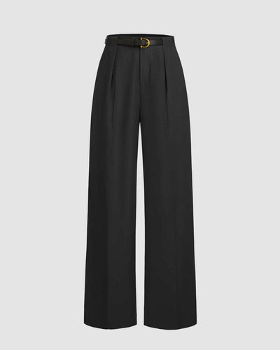 Pleated High Waisted Wide Leg Trousers in Black Front View For Women | Littlebox India