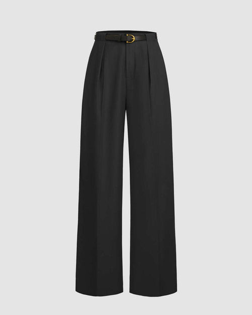 Pleated High Waisted Wide Leg Trousers in Black Front View For Women | Littlebox India
