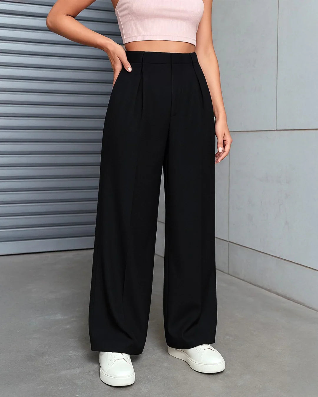 Pleated High Waisted Wide Leg Black Trousers Littlebox India