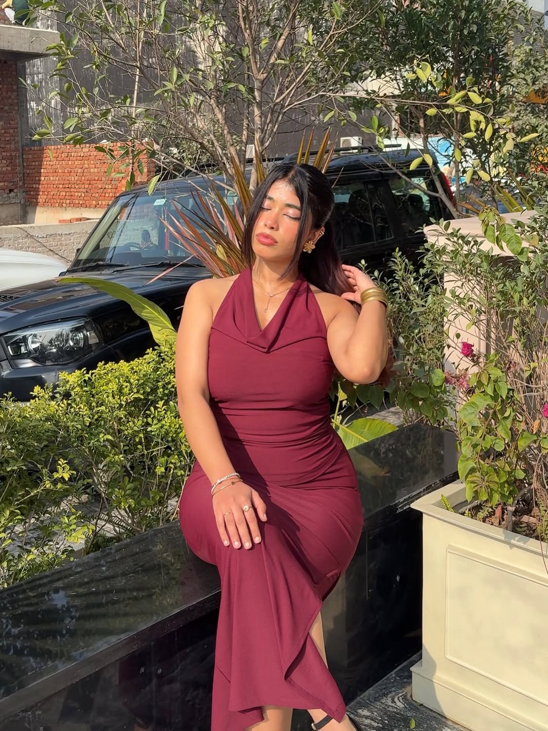 Customer photo 1 of Plunge Neck Backless Halter Top And Slit Side Skirt Set In Maroon