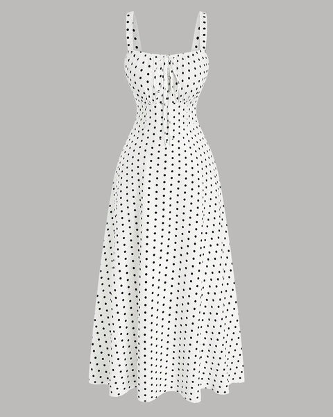 Front view of White polka dot sleeveless maxi dress with square neckline and fitted bodice, shown from front and back on a grey background.

