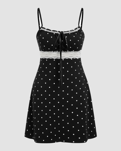 Polka Dot Square-neckline Lace Patched Mini Dress Front View for Women | Littlebox India