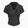 Polo V-neck Ruched Short Sleeve Shirt in Classic Black Front View for Women | Littlebox India