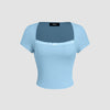 Powder blue fitted top featuring a sheer lace neckline detail, showcasing a stylish and elegant design