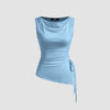 Powder Blue Sleeveless High Neck Ruched Side Top Front View For Women | Littlebox India