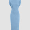 Powder Blue Structured Shoulder Bodycon Midi Dress Front View for Women | Littlebox India
