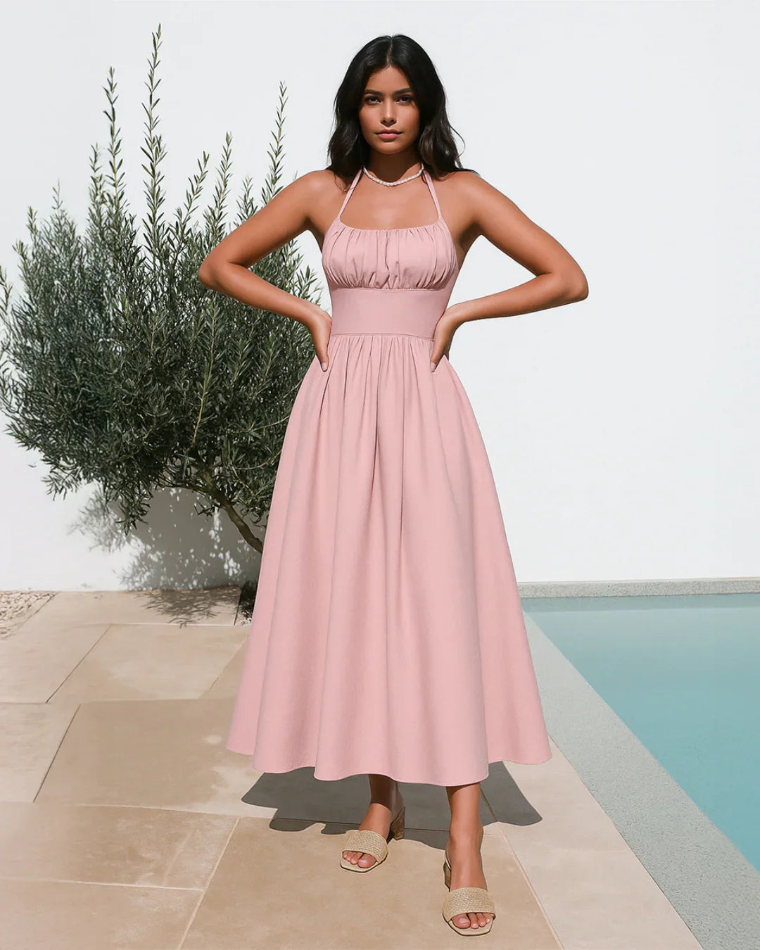 Powder Pink Faux Fishbone Design Romantic Off-Shoulder Dress