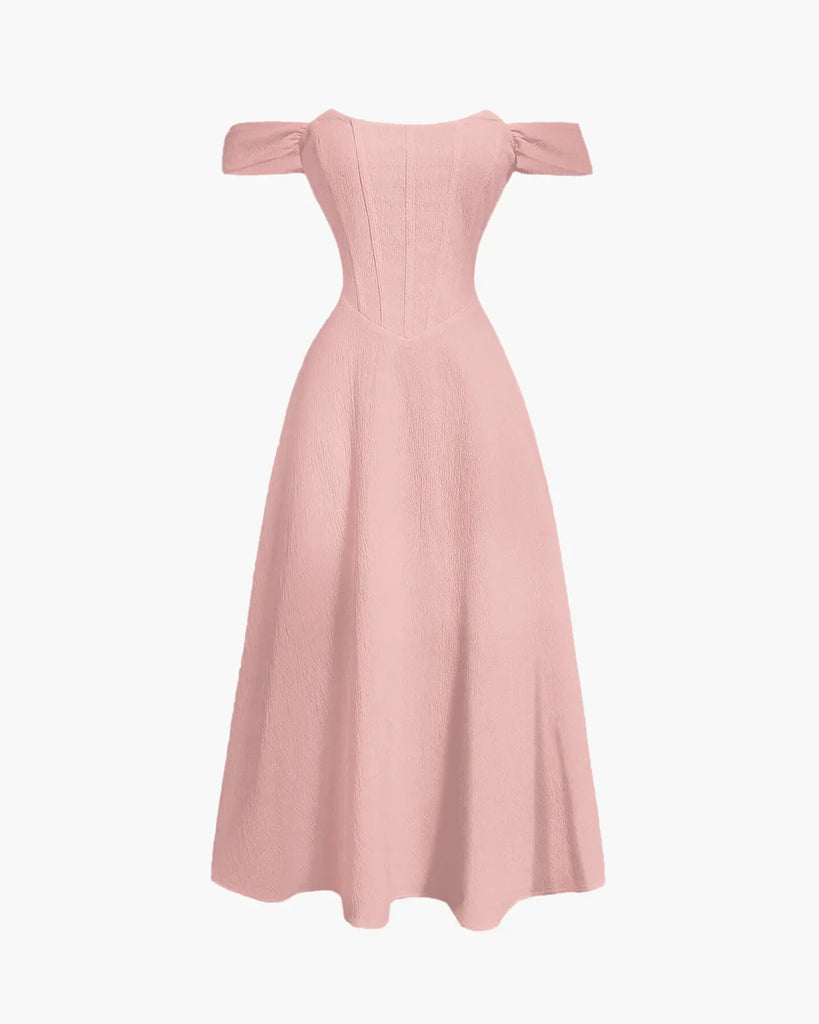 Powder pink off-shoulder dress featuring a faux fishbone design for structured elegance and a romantic, sculpted silhouette.