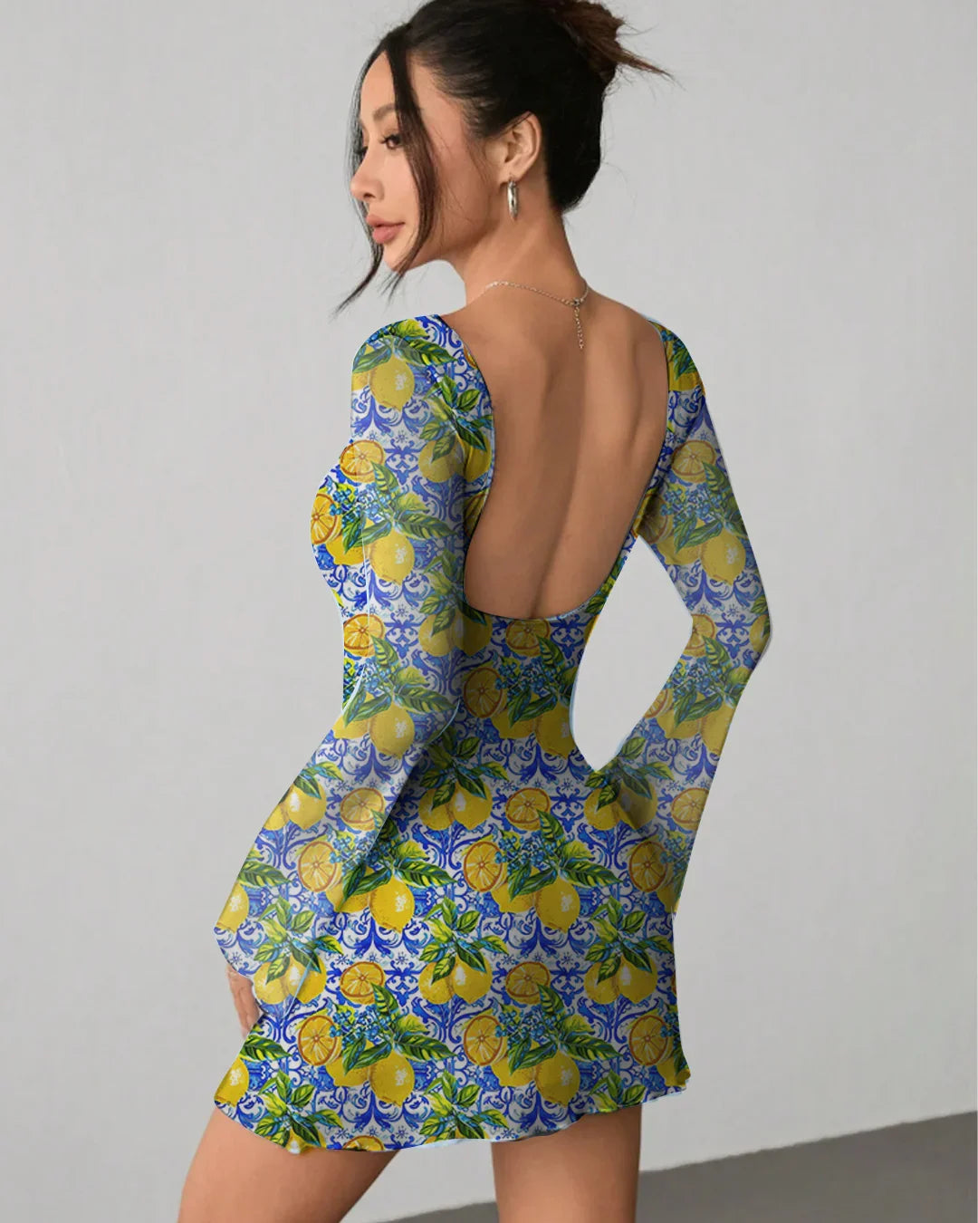 long sleeve bodycon short dress Printed Full Mini wax Spring V-Neck Ruched Asymmetric SIZE:XS - 34 - 60CM WAIST