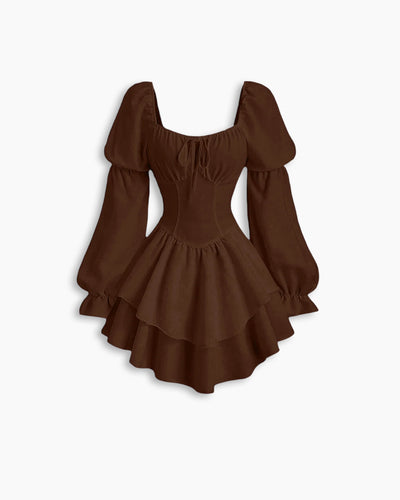 Puff Full Sleeve Layered Princess Mini Dress in Chocolate Brown Front View for Women | Littlebox India