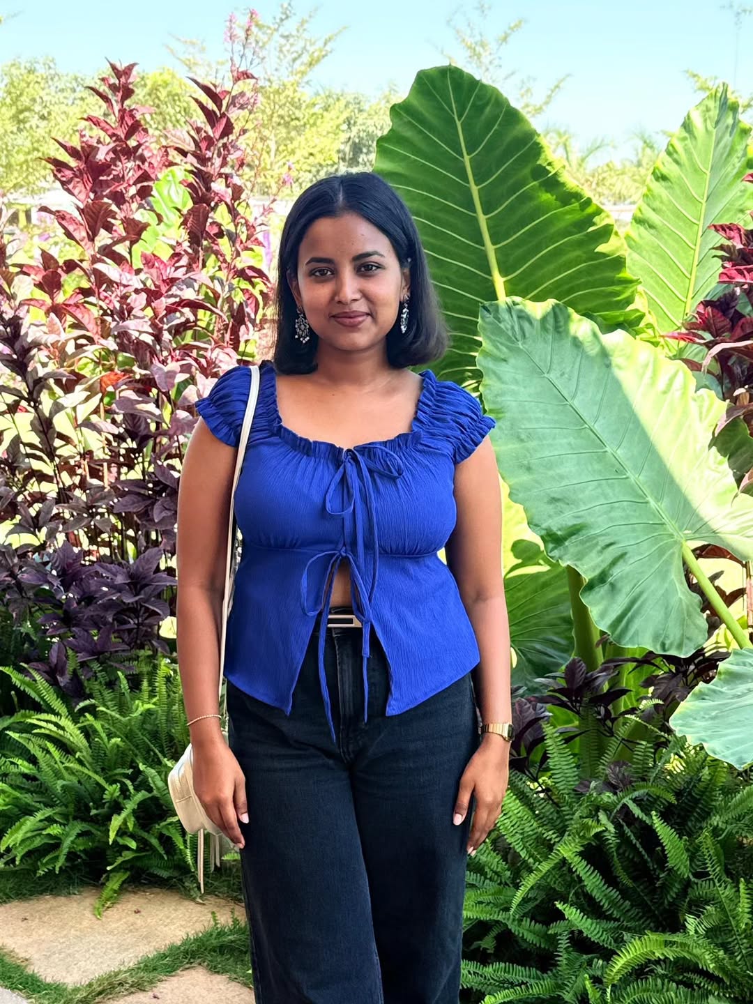 Customer photo 2 of Puff Sleeve Off Shoulder Tie Front Peplum Top in Blue