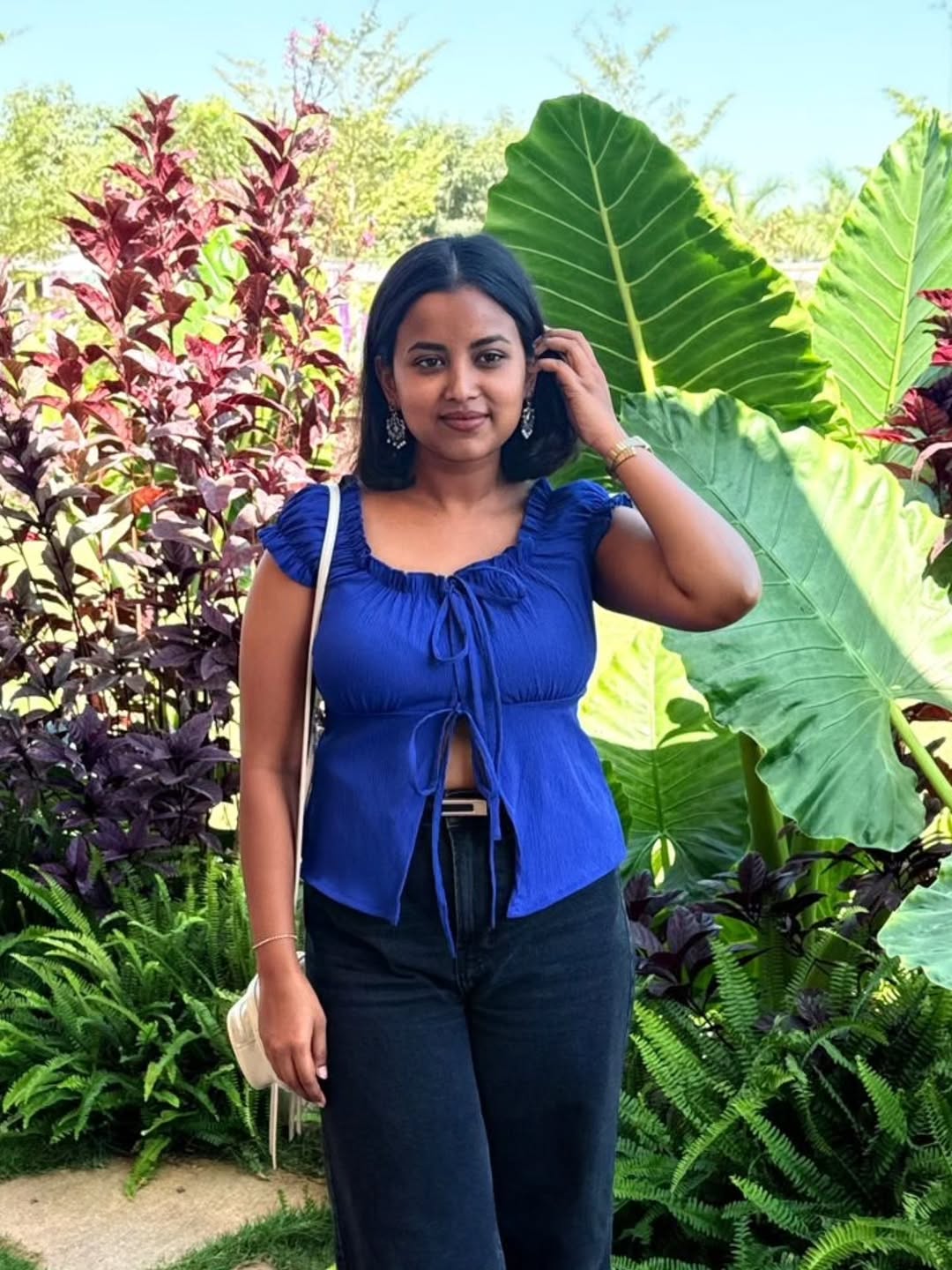 Customer photo 1 of Puff Sleeve Off Shoulder Tie Front Peplum Top in Blue