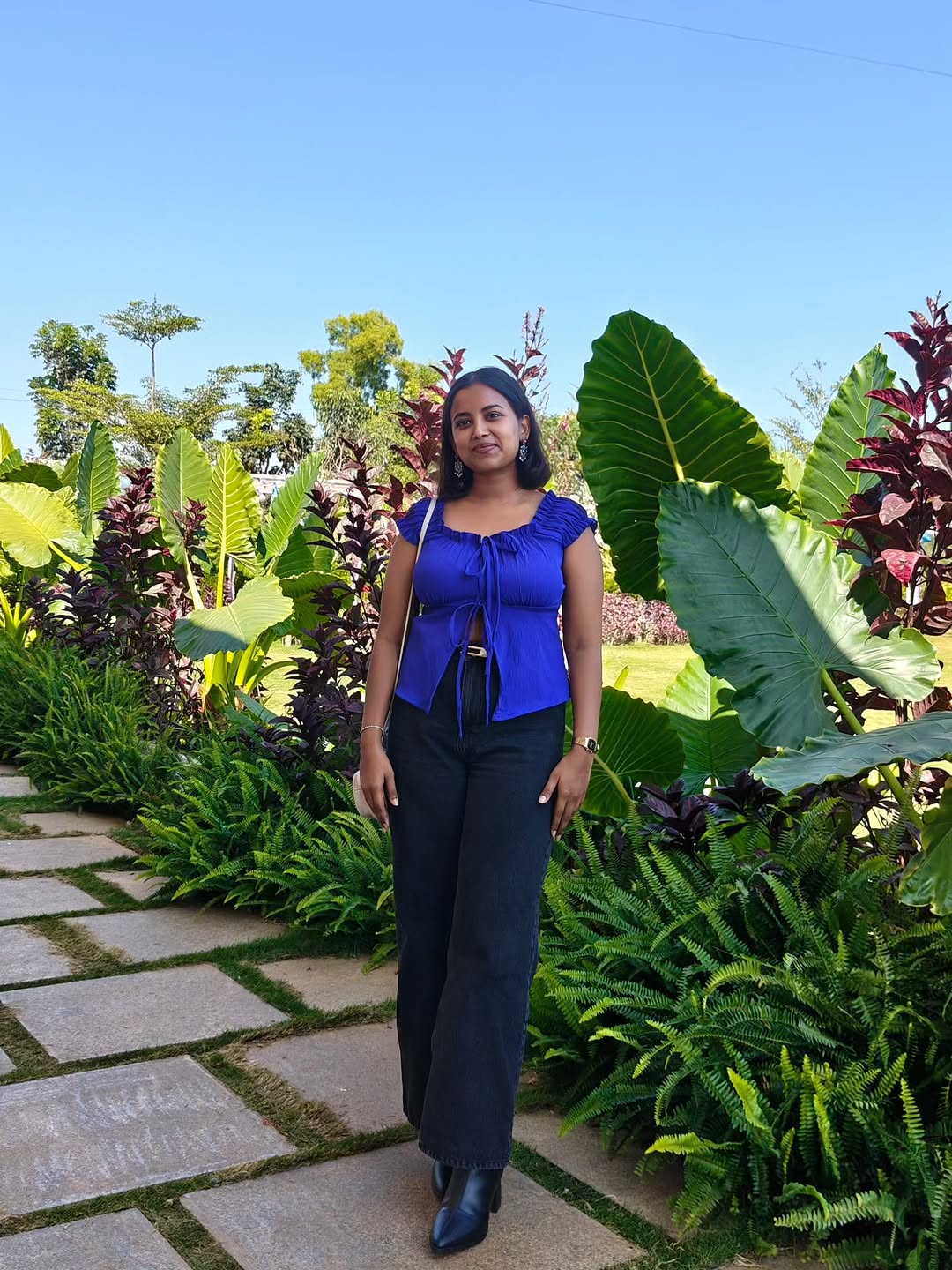 Customer photo 3 of Puff Sleeve Off Shoulder Tie Front Peplum Top in Blue