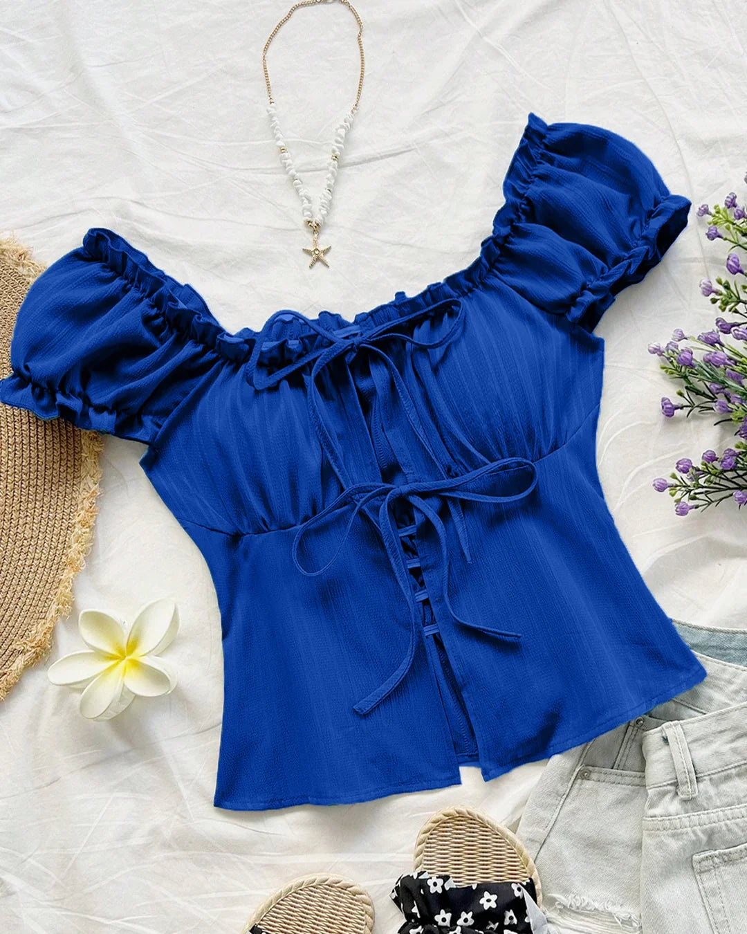Off Shoulder Tie Front Peplum Top in Blue - Littlebox India