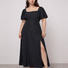 Puff Sleeve Side Slit Floor Length Dress Curve & Plus in Navy Blue Front View for Women | Littlebox India