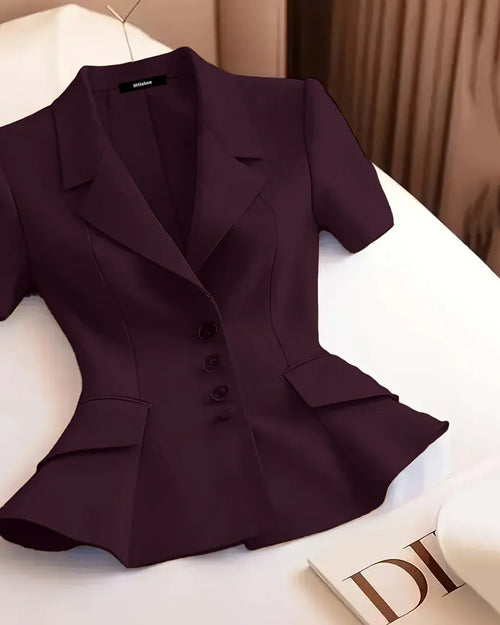 Front view of blazer top brings a clean, structured look with a flattering fitted shape