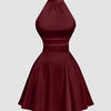 Red Halter Neck Backless Ruched Mini Dress Front View for Women | Littlebox India