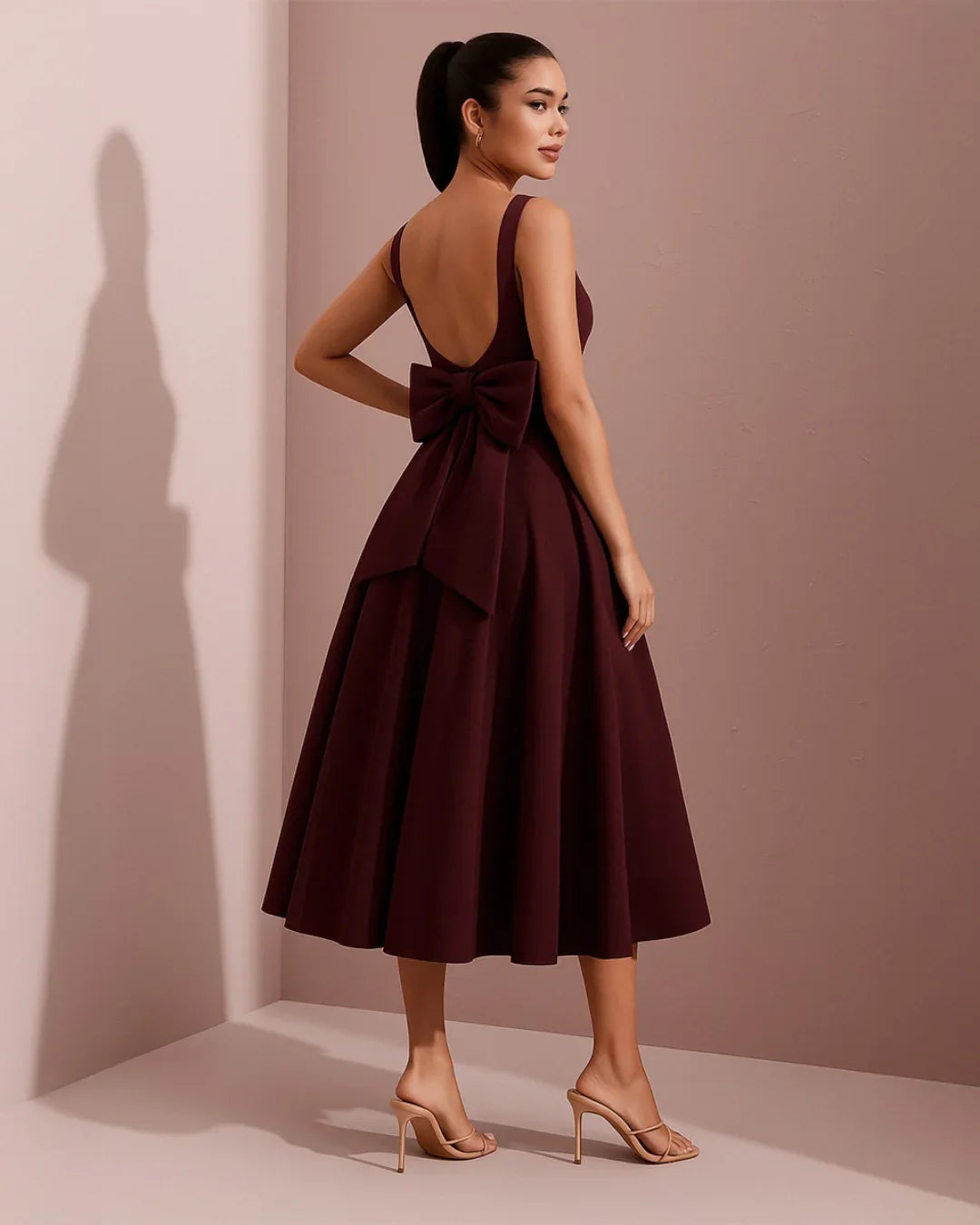 red midi dress with bow Red Velvet Boat Neck Midi Dress with Backless Bowknot