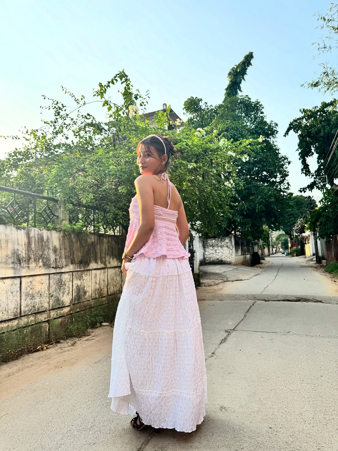 Customer photo 2 of Retro Casual High Waist Solid Long Ankle Pleated Skirt in White