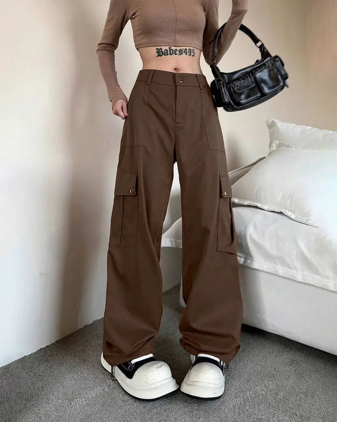 Retro Loose Fit Cargo Pants In Chocolate Brown - Main Image