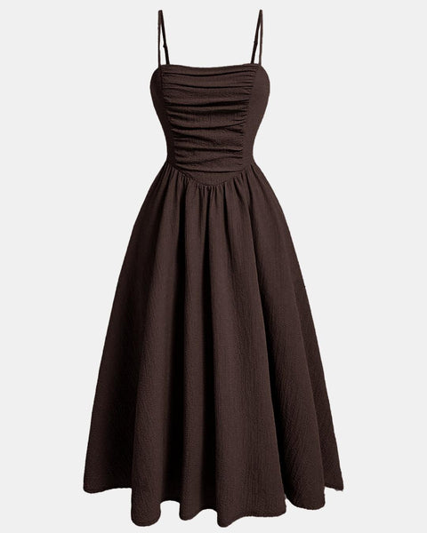 Vintage Retro Spaghetti Strap Chocolate Brown Dress Front View for Women | Littlebox India