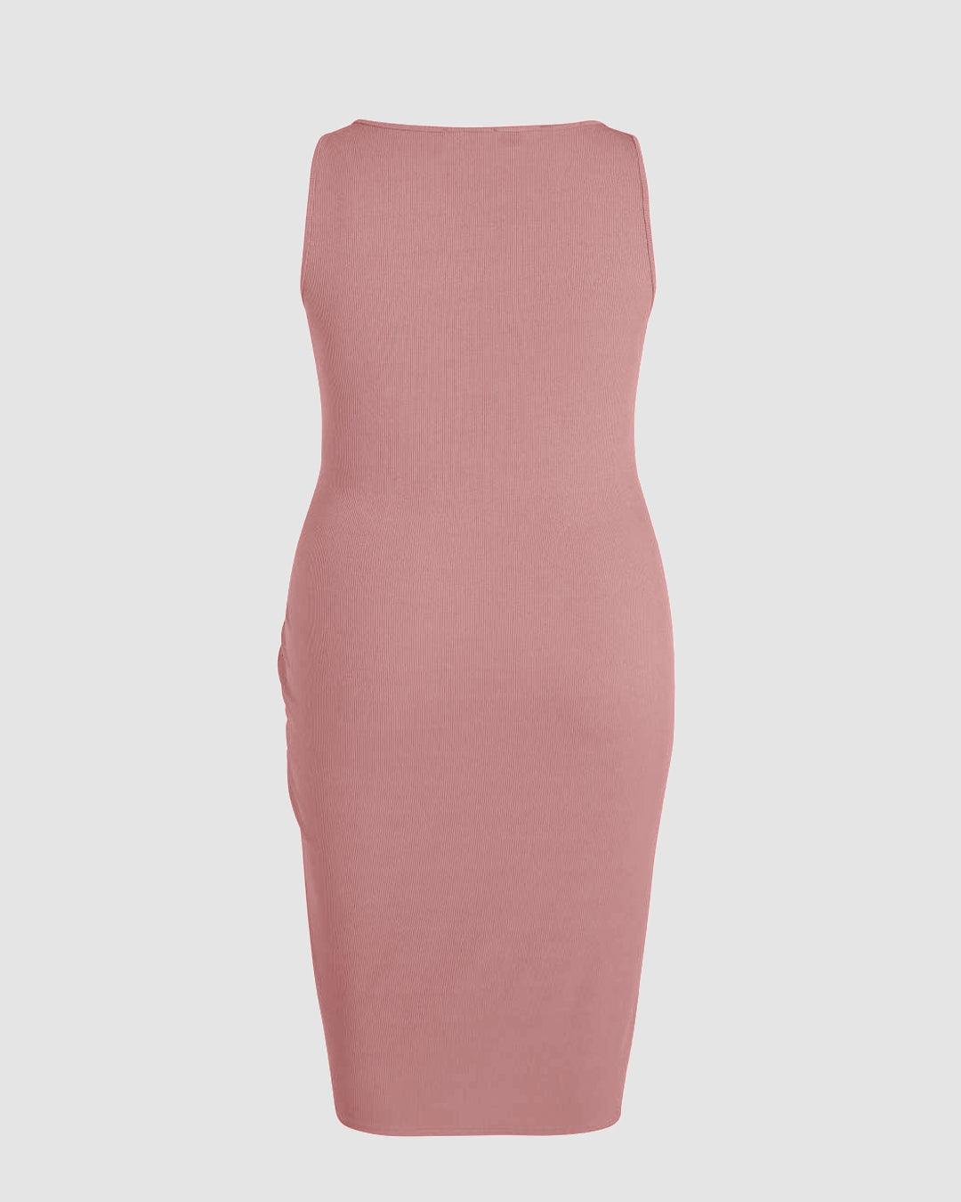 Rib Button Drawstring Midi Dress Pink Curve & Plus Rib Button Drawstring Midi Dress Pink Curve & Plus