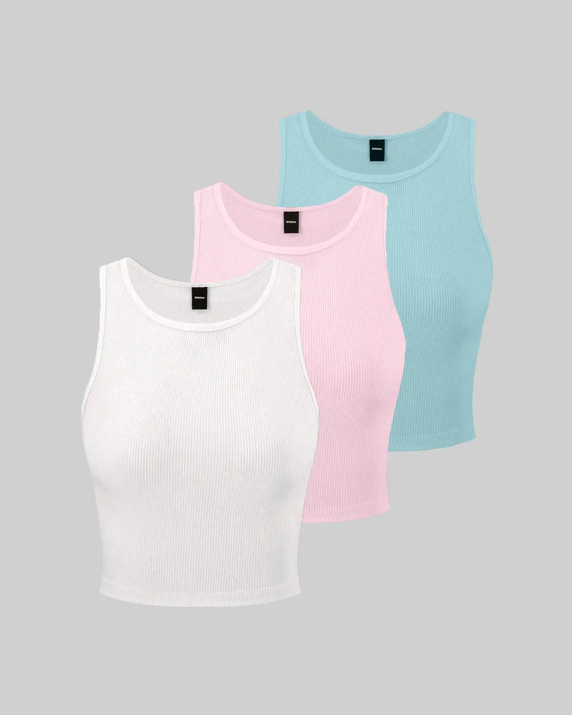 Solid color ribbed tank top in light blue and pastel pink, perfect for layering with soft, breathable fabric