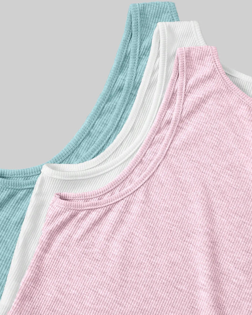 Solid color ribbed tank top in light blue and pastel pink, perfect for layering with soft, breathable fabric