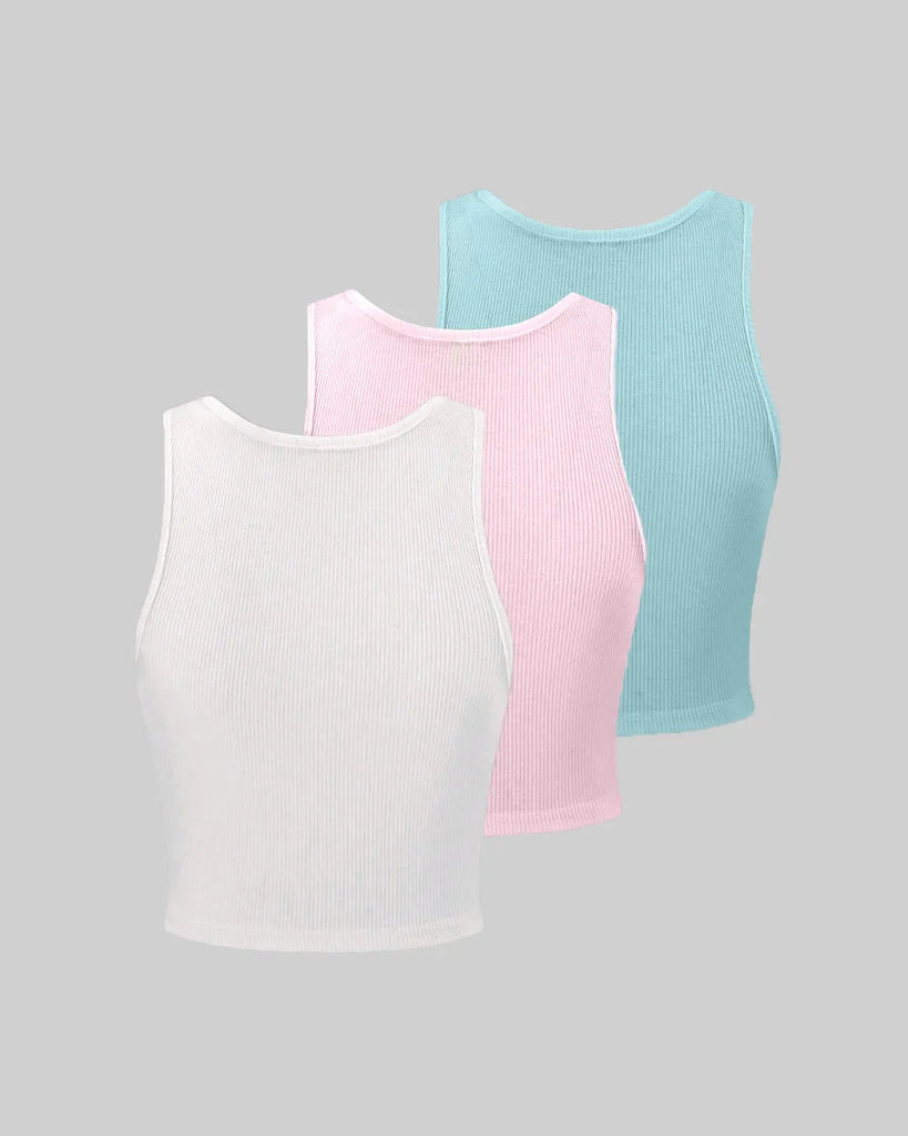 Solid color ribbed tank top in light blue and pastel pink, perfect for layering with soft, breathable fabric