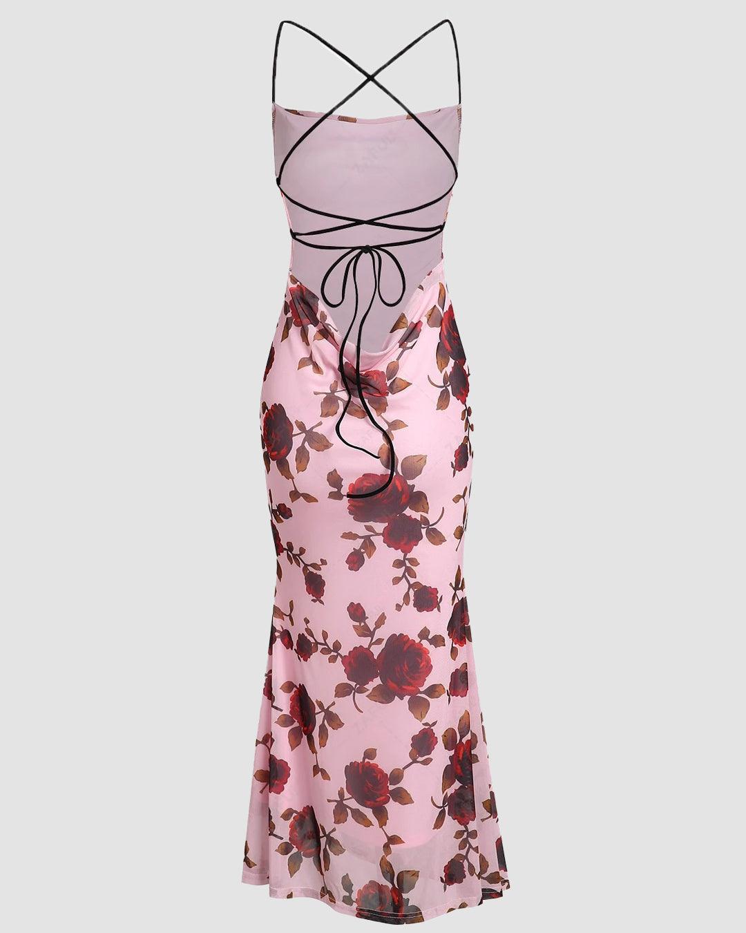 criss cross backless floral flare dress Rowan Sleeveless Halter Floral Print Maxi Dress Pink SMALL main image 1