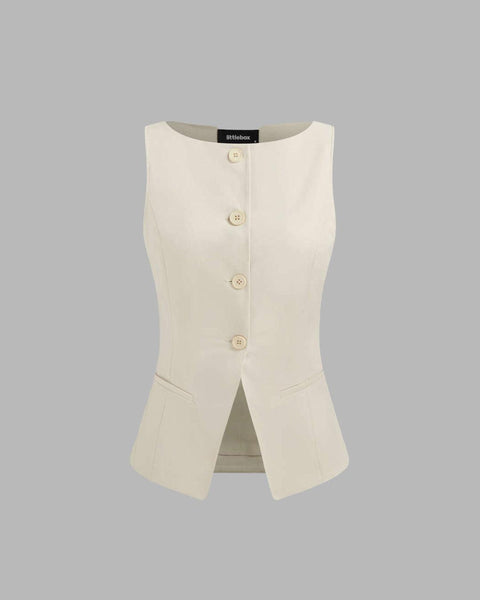 Round Neck Button Front Sleeveless Top in Beige Front View For Women | Littlebox India