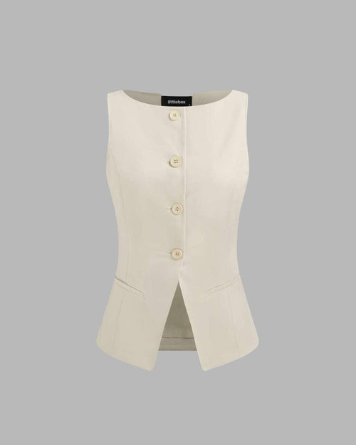 Front view of Beige sleeveless top with button-down front, tailored fit and clean structured design, perfect for smart casual styling
