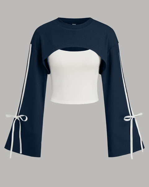 Round Neck Cut-Out Detail Full Sleeve Sweatshirt in Navy Blue and White Front View for Women | Littlebox India