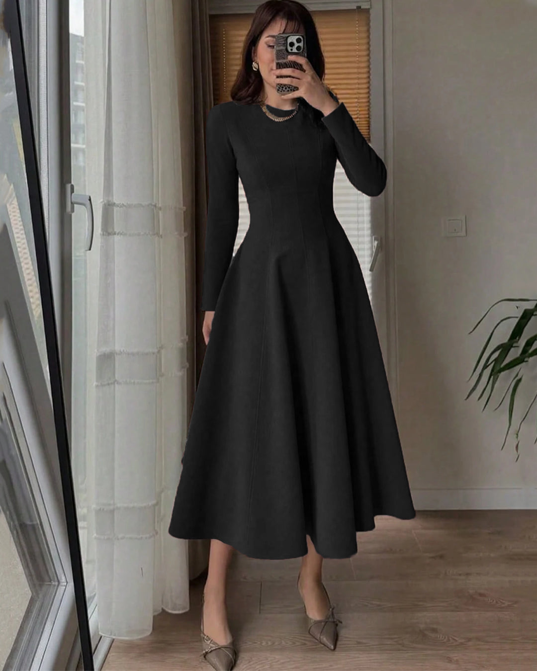Midi Dress Boohoo Black Dress Long Sleeve Round Neck Fit Flare Solid Long Sleeve Midi Dress
