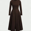 Front view of Brown round neck midi dress with long sleeves and fit and flare silhouette, solid design with clean finish