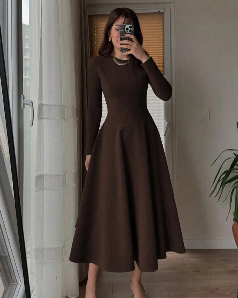 Brown Round Neck Fit & Flare Midi Dress – Littlebox India