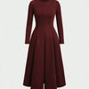 Round Neck Fit & Flare Solid Long Sleeve Midi Dress in Merlot Front View for Women | Littlebox India