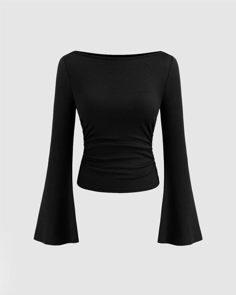 Front view of Black boat neck top with long bell sleeves and ruched detailing, showcasing a stylish and elegant design