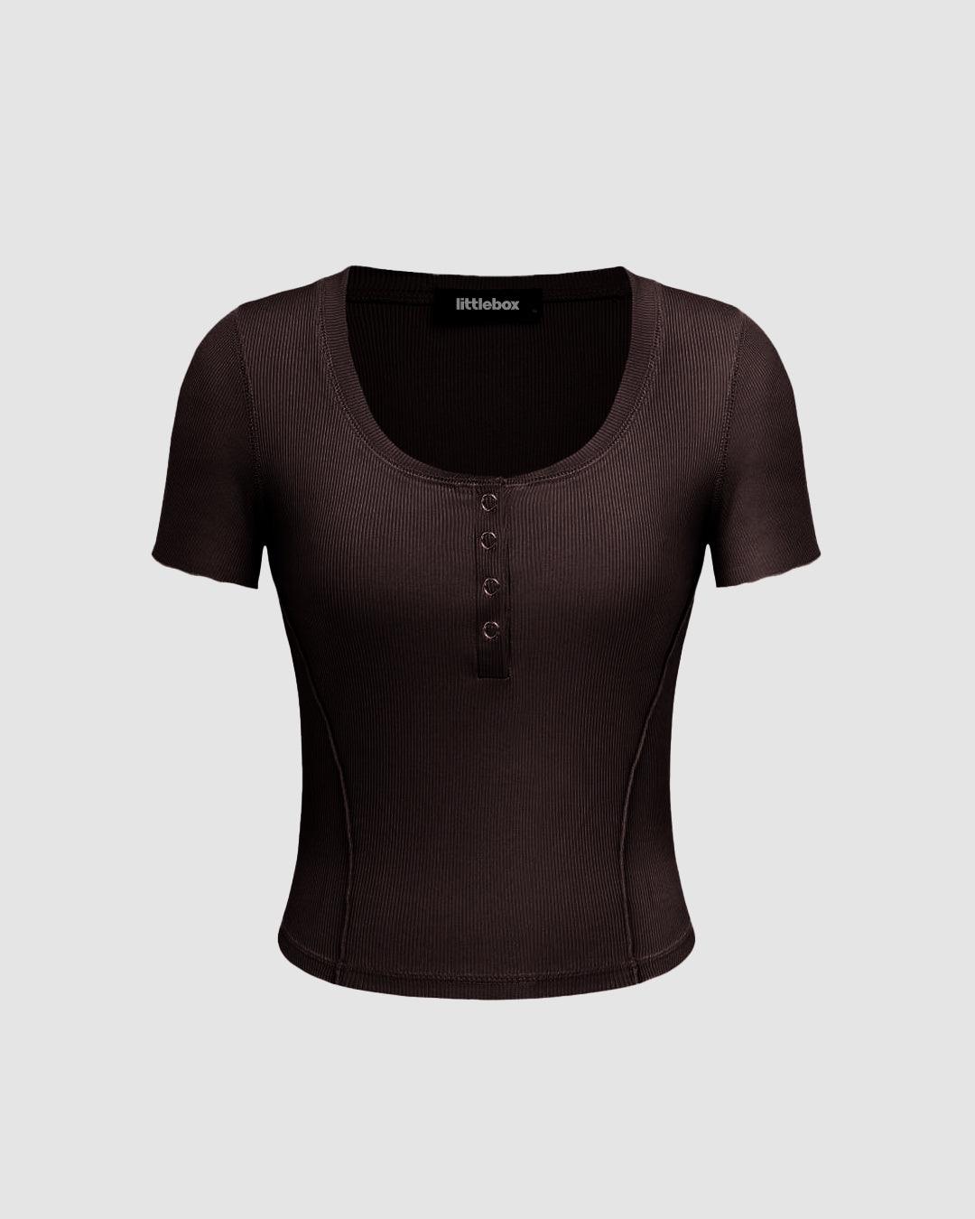 Round Neck Front Button Short Sleeve Chocolate Brown T-shirt ...