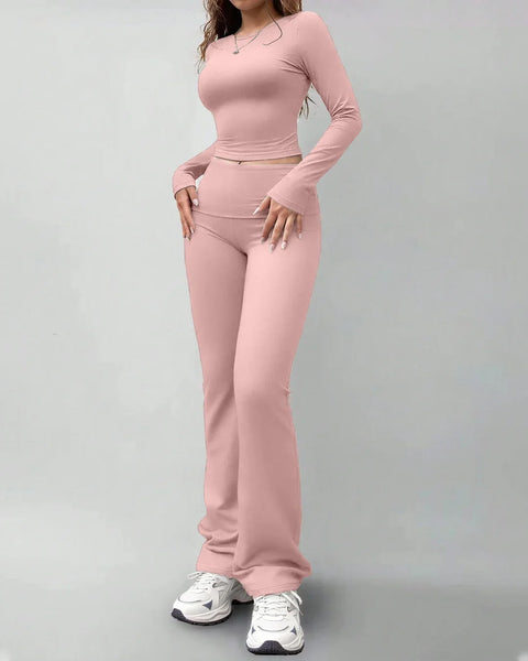 Round Neck Long Sleeve Fitted Top & Straight-Leg Pants Set in Rose Front View for Women | Littlebox India