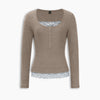 Round Neck Straight Hem Solid Ribbed Long Sleeve Top Front View for Women | Littlebox India