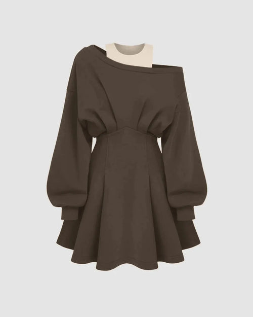 Brown long-sleeve mini dress with a round neckline and asymmetrical ruffle detailing