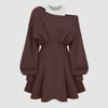 Brown asymmetrical ruffle mini dress with an open neckline and sleeves, showcasing a stylish and modern design.