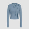 Round Neckline Knotted Long Sleeve Top In Dusty Blue Front View For Women | Littlebox India