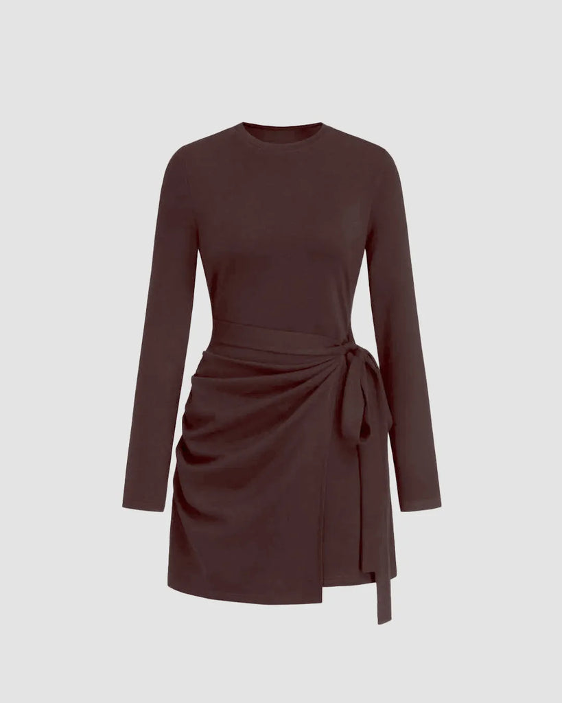 Chocolate mini dress with full sleeves and a round neckline, showcasing a fashionable knotted wrap design